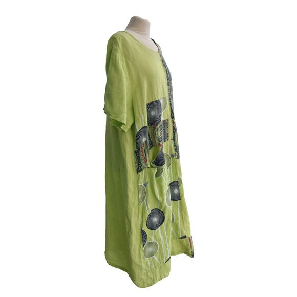 Made in Italy 100% Linen Patchwork Print Duster Dress Green Artsy Boho Oversized - Picture 5 of 10